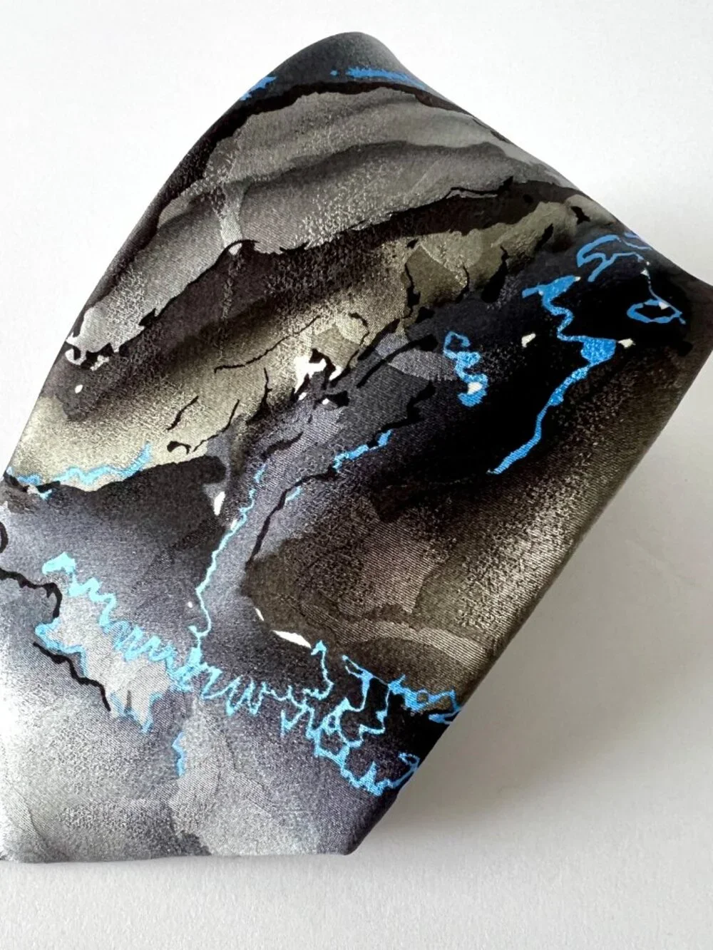 J. Garcia Tie, Capillaries, Collection Fifty-Three, Gray, Black and Blue, Silk